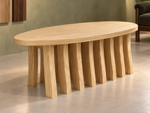 White Oak Sculptural Coffee Table with Oval Top and Curved Ribs, picture 2 of 5