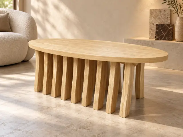 White Oak Sculptural Coffee Table with Oval Top and Curved Ribs, picture 1 of 5