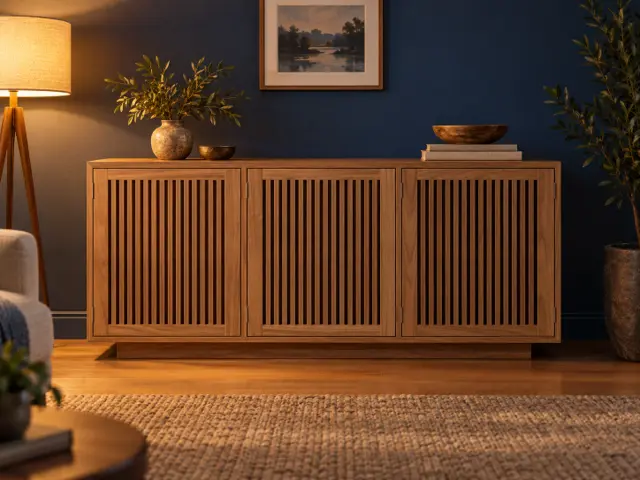 Walnut Slatted Sideboard: 72-Inch Three-Door Cabinet, picture 3 of 5