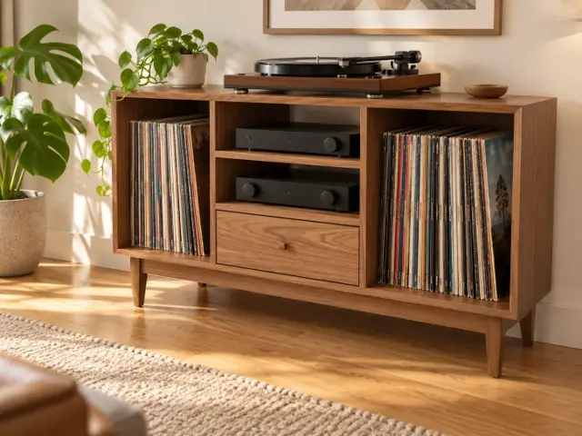 Walnut Record Console: 54-Inch Vinyl Storage Cabinet with Drawer, picture 1 of 5