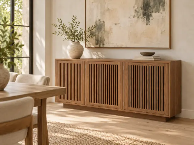 Walnut Slatted Sideboard: 72-Inch Three-Door Cabinet, picture 1 of 5
