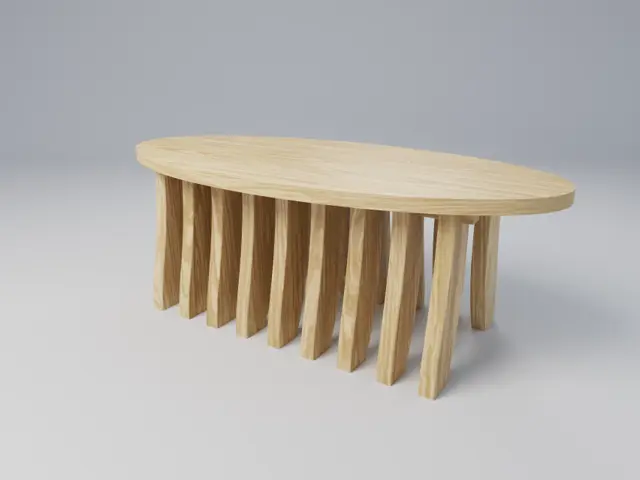 White Oak Sculptural Coffee Table with Oval Top and Curved Ribs, picture 4 of 5