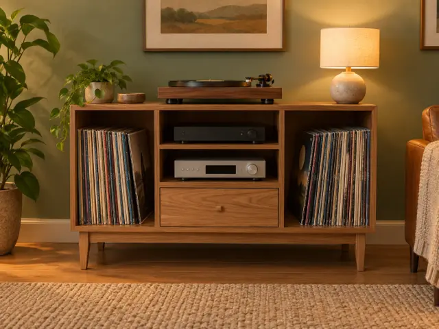 Walnut Record Console: 54-Inch Vinyl Storage Cabinet with Drawer, picture 3 of 5