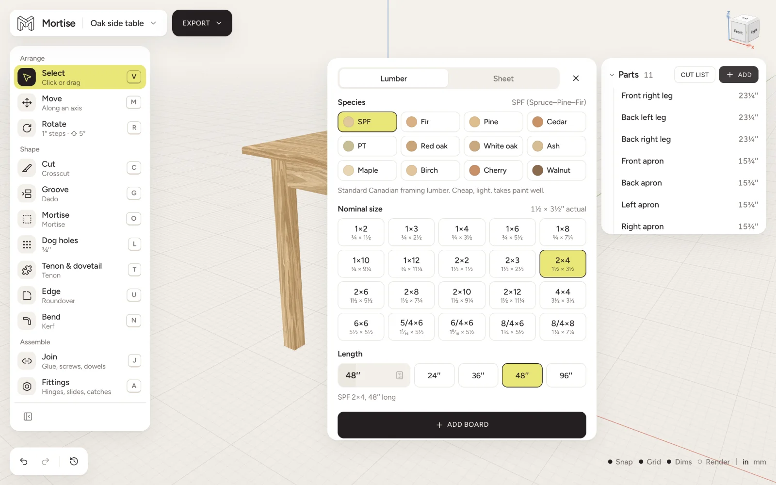The Add stock card: species, nominal sizes with their actual sizes, and the length