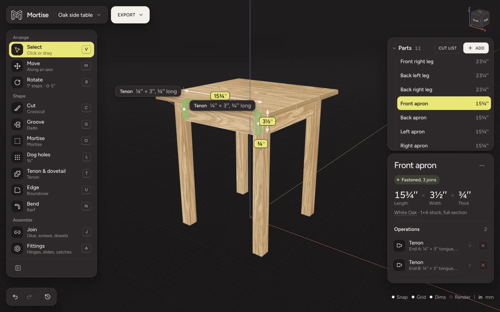 The Mortise editor: the tool column on the left, a white oak side table in the 3D view, and the inspector on the right