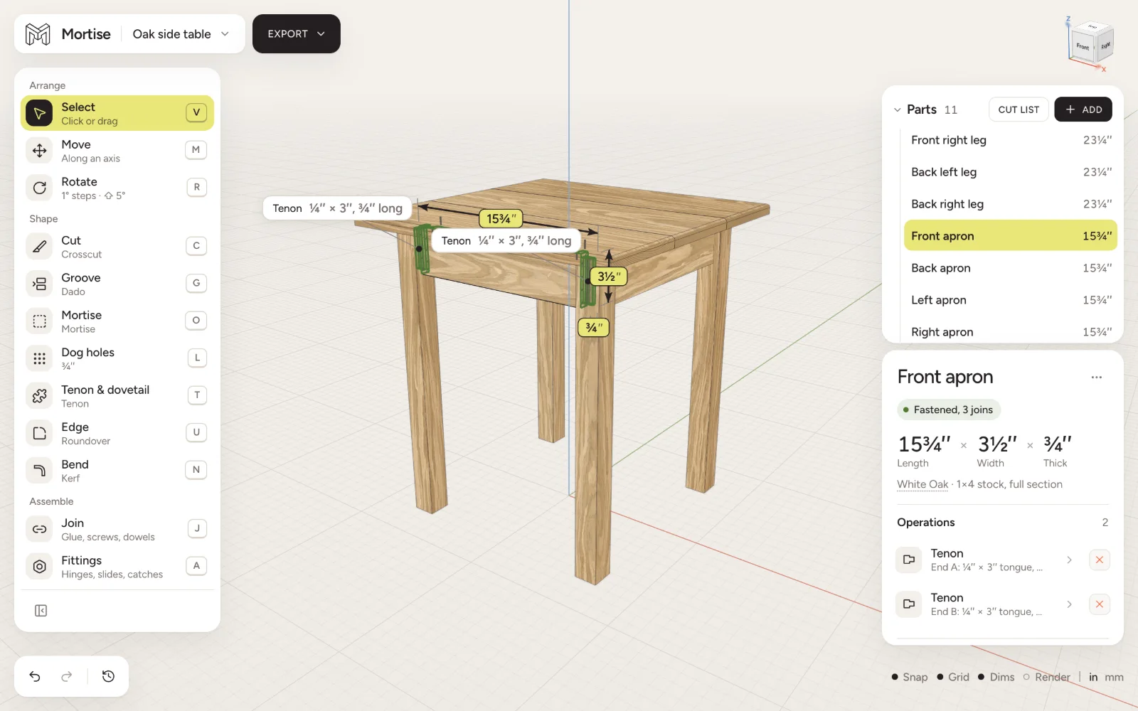 The Mortise editor: the tool column on the left, a white oak side table in the 3D view, and the inspector on the right