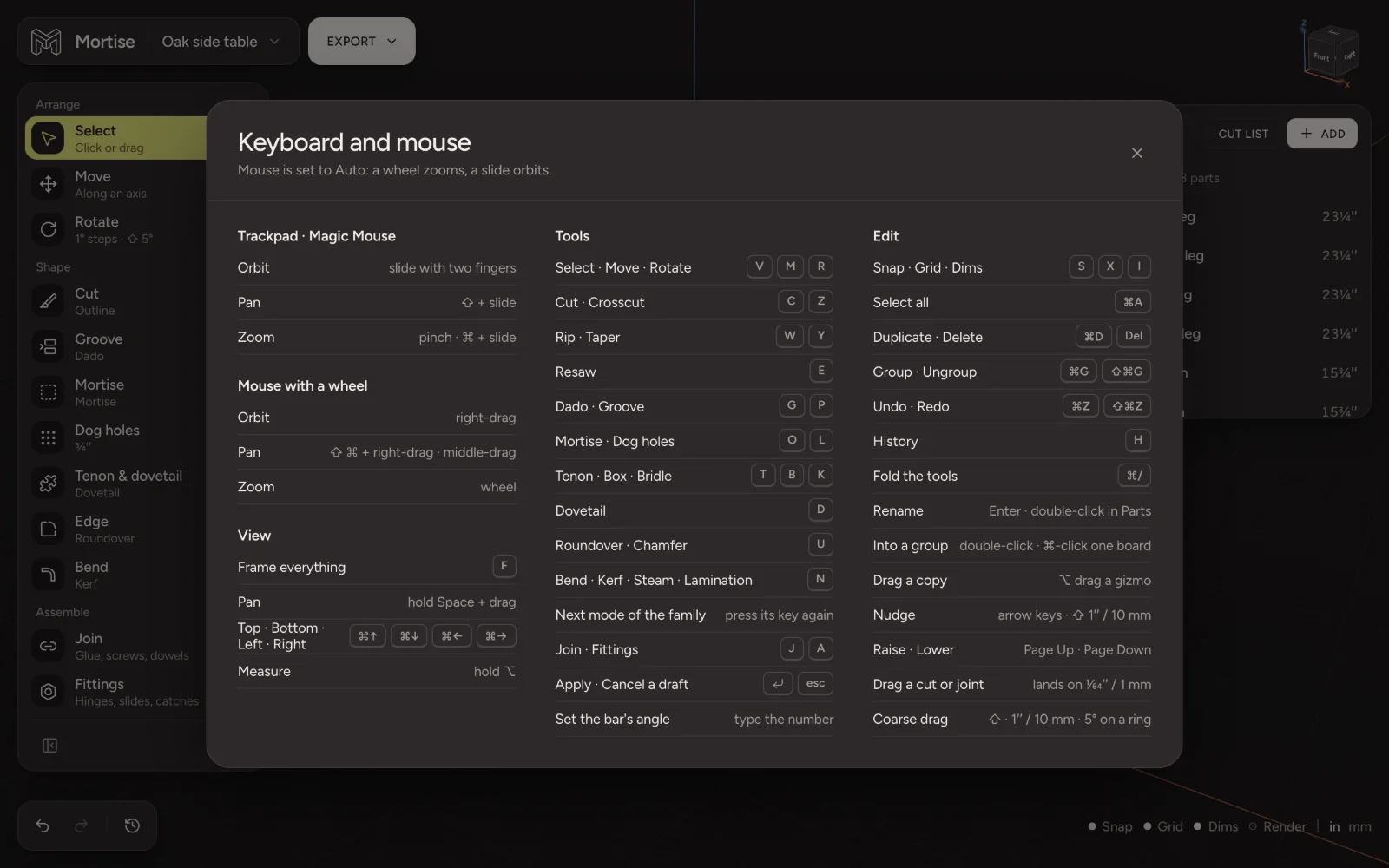 The Keyboard and mouse help card in the editor, listing every shortcut in three columns