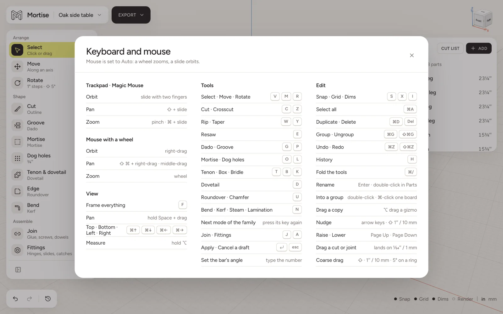 The Keyboard and mouse help card in the editor, listing every shortcut in three columns