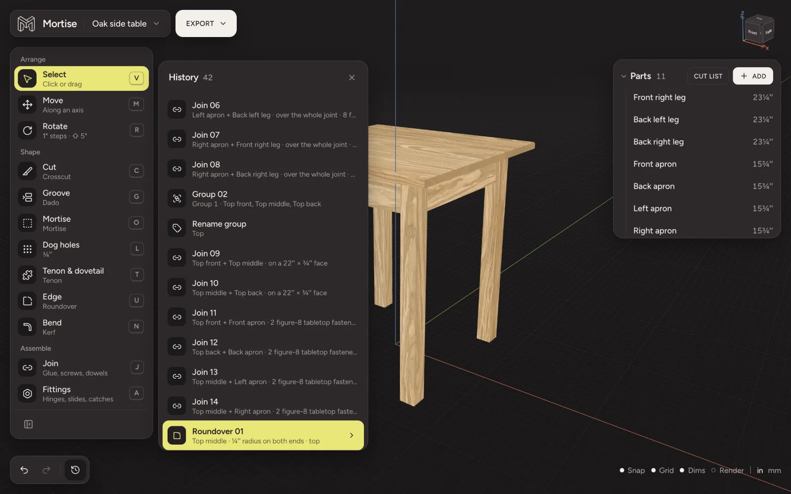 The History panel listing the joins, group and roundover that built a side table, the latest step lit