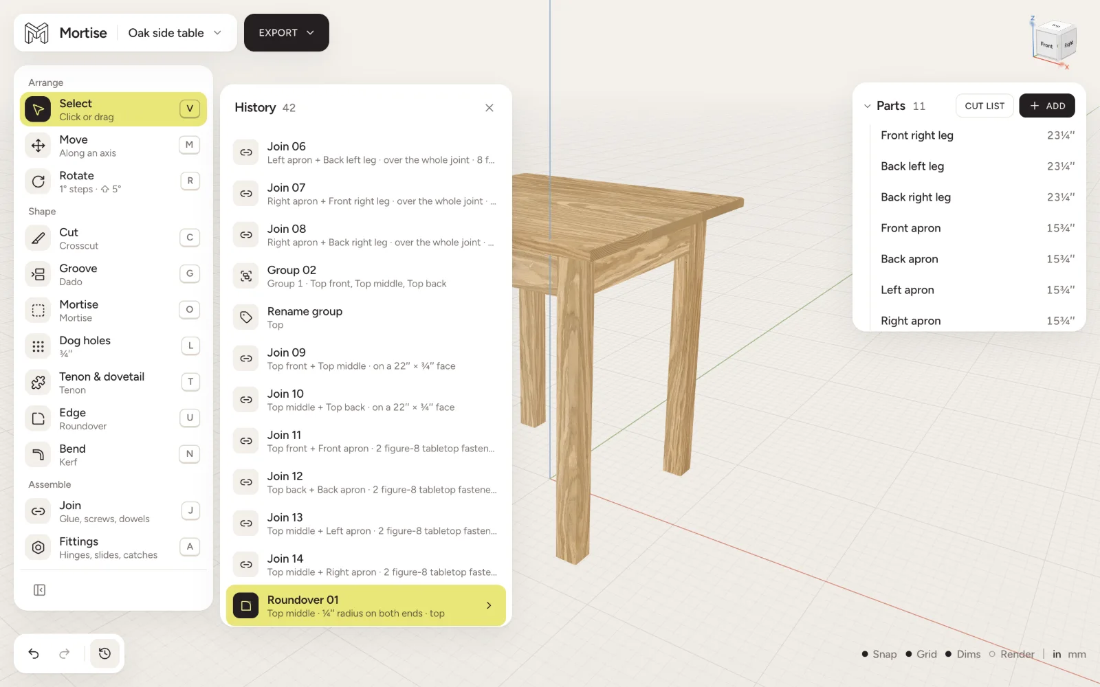 The History panel listing the joins, group and roundover that built a side table, the latest step lit