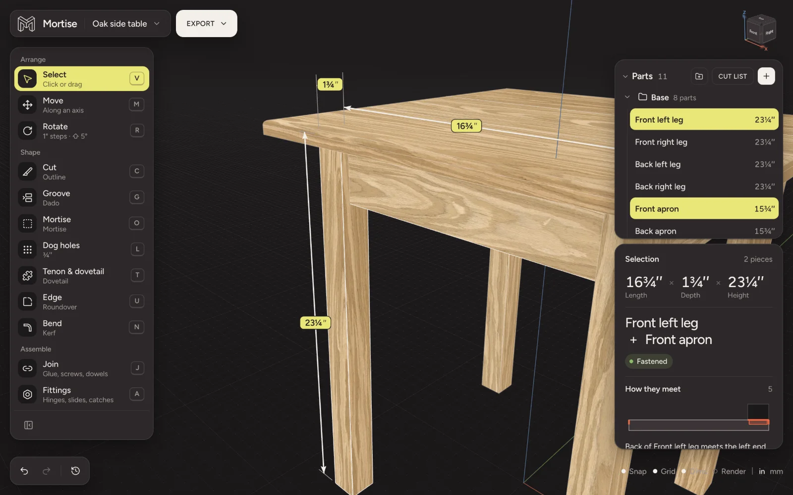 A table leg and its apron selected together: their overall size and how they meet in the inspector