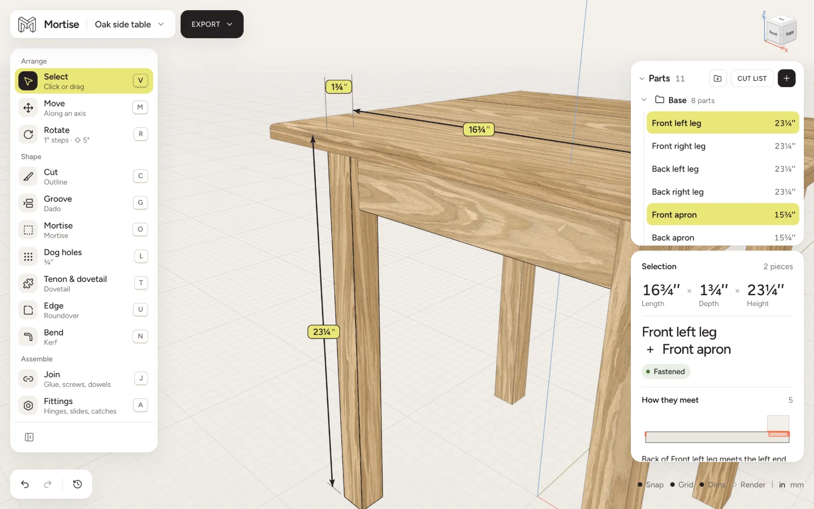 A table leg and its apron selected together: their overall size and how they meet in the inspector
