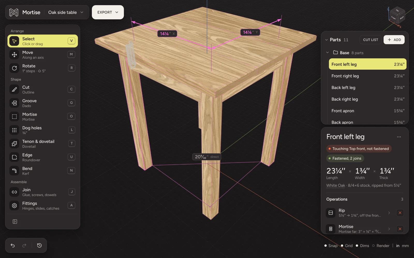 Holding Option with a table leg selected: the gaps to another leg drawn in magenta along each axis, with the straight distance