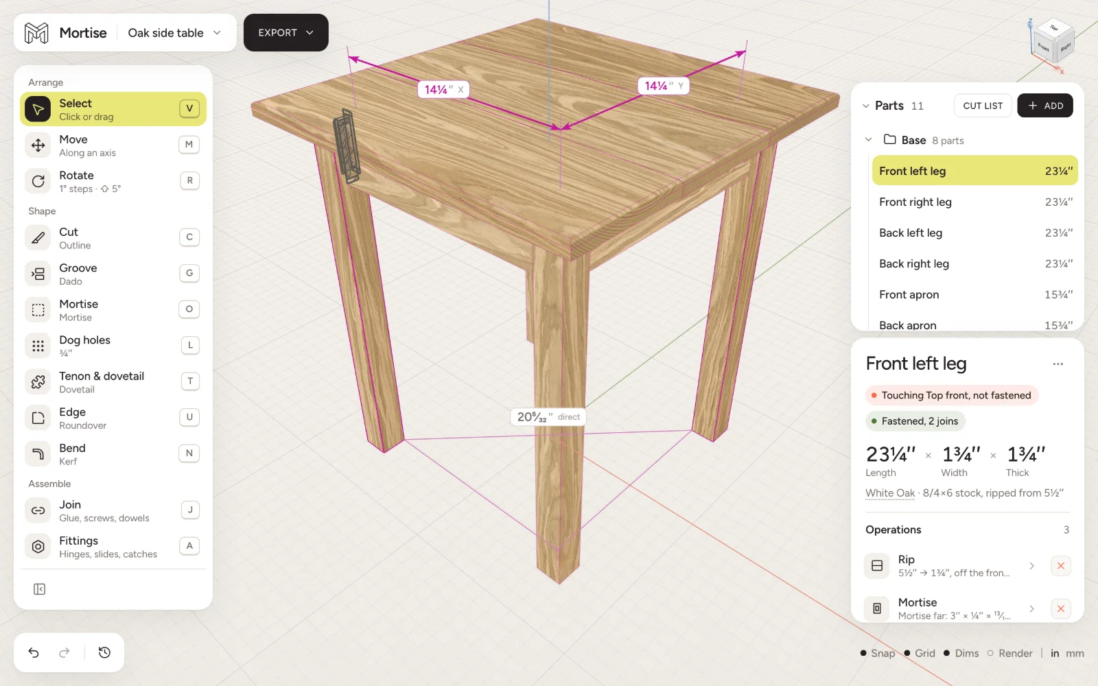 Holding Option with a table leg selected: the gaps to another leg drawn in magenta along each axis, with the straight distance