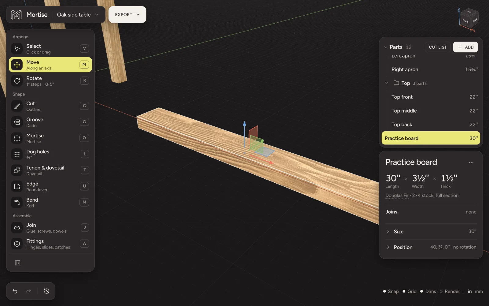 A fir 2×4 selected with the Move tool, its arrows and plane handles on the board