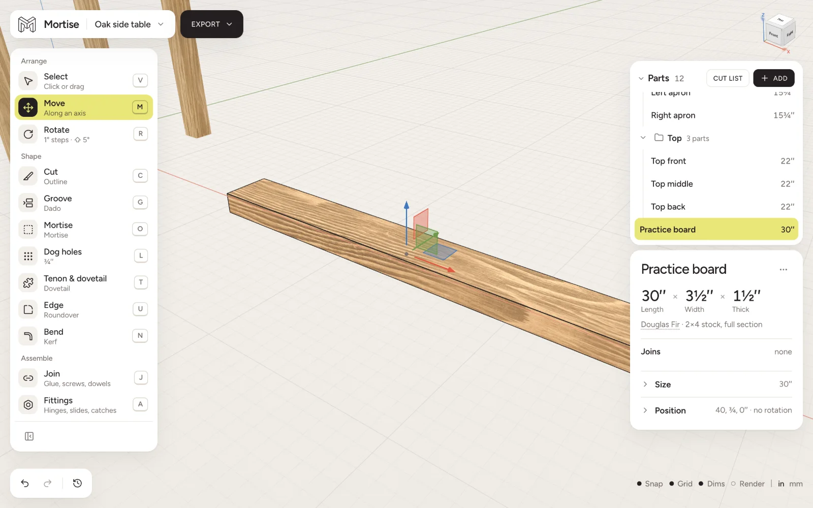 A fir 2×4 selected with the Move tool, its arrows and plane handles on the board