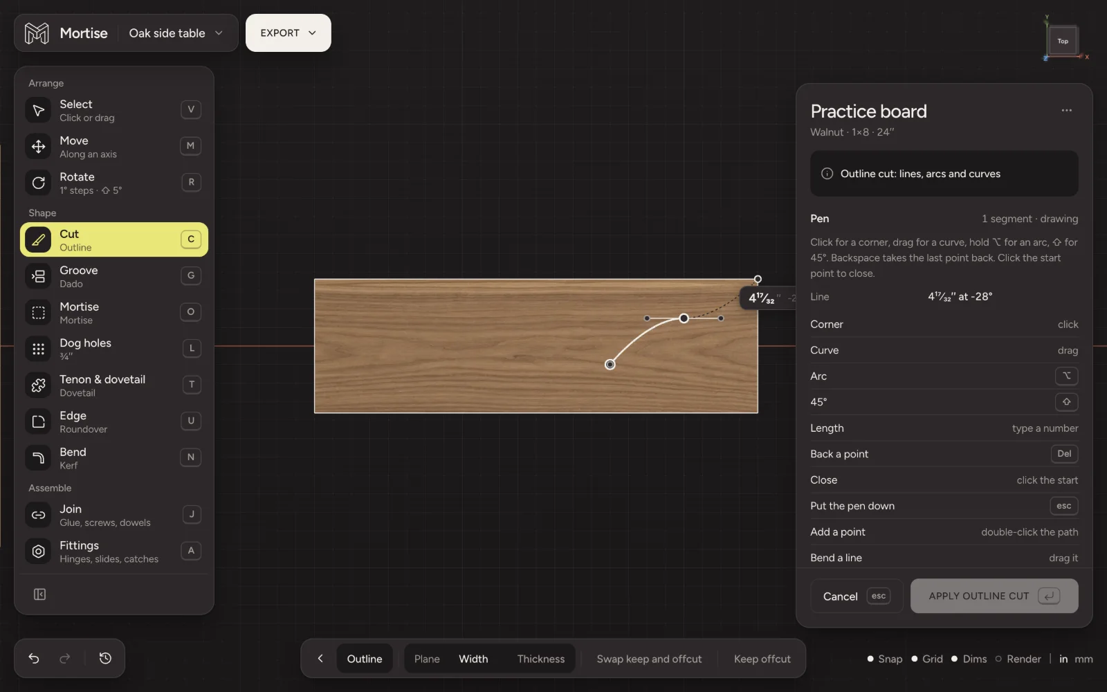 The outline pen drawing a curve on the face of a walnut board, seen square on, with the pen keys in the inspector