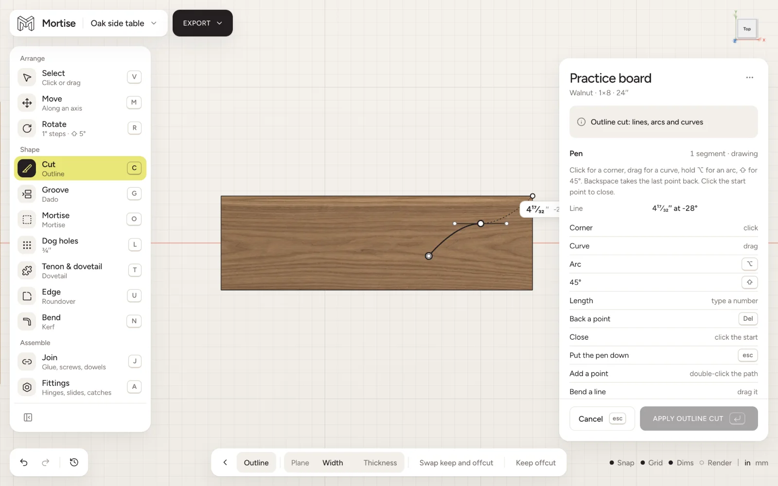 The outline pen drawing a curve on the face of a walnut board, seen square on, with the pen keys in the inspector